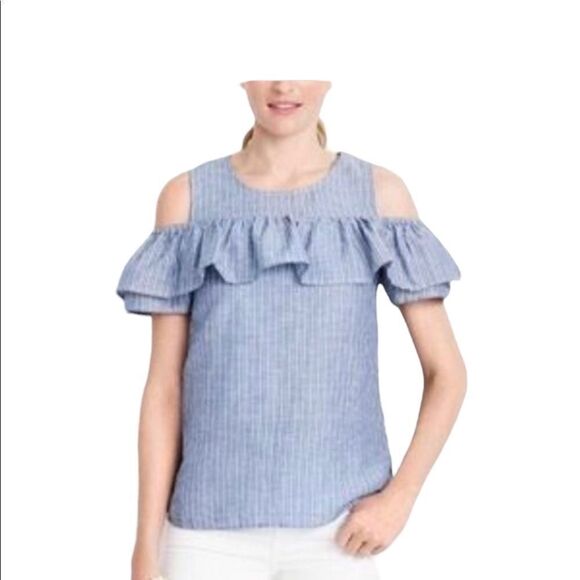 Crew Factory Cold Shoulder Ruffle Chambray Striped Top sz 2 - Picture 1 of 9